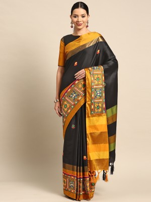 Arriva Fab Woven Sambalpuri Cotton Silk Saree(Black, Mustard)