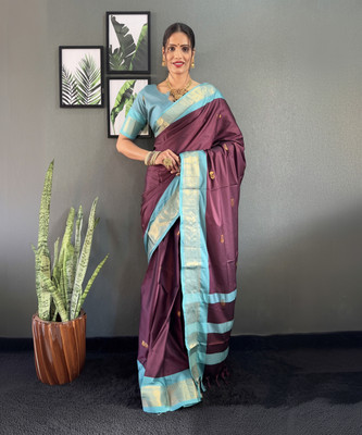 Julee Woven Kanjivaram Cotton Silk Saree(Purple, Light Blue)