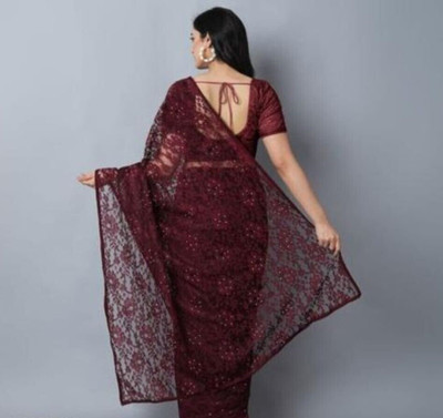 NEXA Solid/Plain Bollywood Net Saree(Maroon)