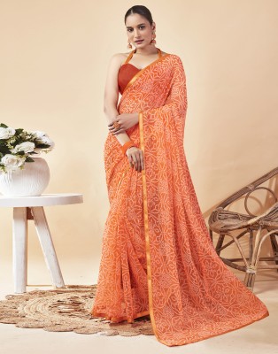 Samah Printed, Embellished Bandhani Chiffon, Georgette Saree(Orange, White)