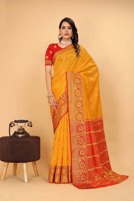 Doroly Floral Print Kanjivaram Jacquard Saree(Yellow)