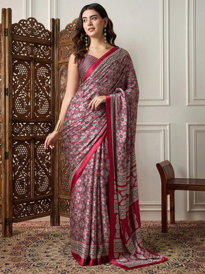 Sareemall Printed Hand Batik Crepe Saree(Maroon)