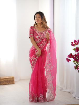 Sajavat Embroidered, Embellished, Woven Bollywood Organza Saree(Pink)