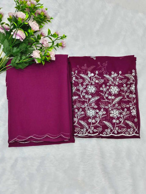 STITCH N SOLUS Solid/Plain, Embroidered, Self Design Daily Wear Georgette, Chiffon Saree(Purple)