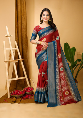 AEDYM Floral Print, Geometric Print, Printed, Woven Kalamkari Cotton Silk Saree(Red)