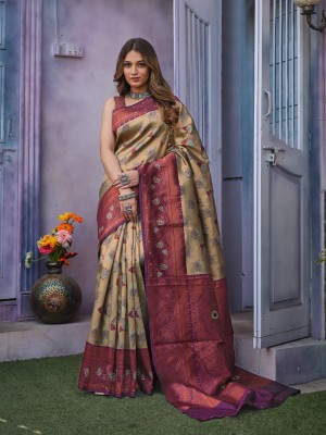 limdo Embellished, Woven, Self Design Banarasi Silk Blend, Polyester Saree(Cream)