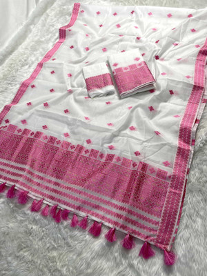 Skiran's Woven Mekhela Chador Cotton Blend Saree(White)