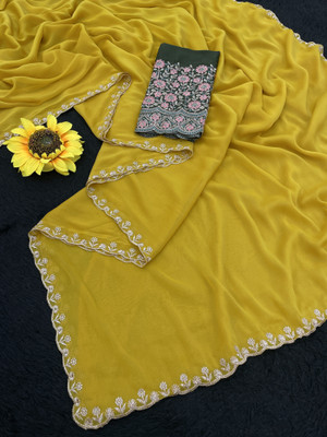 saanvi Embroidered Bollywood Georgette Saree(Yellow)