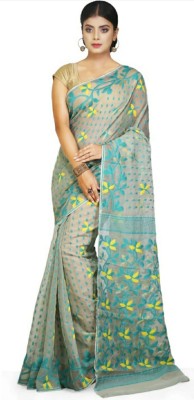 Krishneshwari Self Design Jamdani Pure Cotton Saree(Light Blue, Grey)