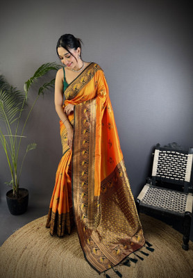 LeeliPeeri Designer Woven, Printed Banarasi Cotton Silk Saree(Orange)