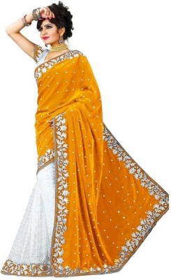 stylevilla Embroidered Bollywood Velvet Saree(Yellow)