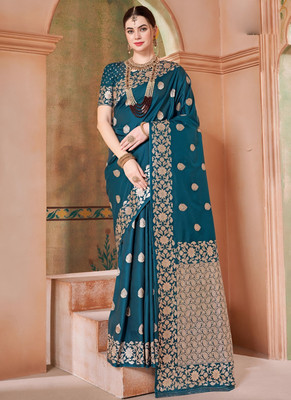 Nirvaan Polka Print Banarasi Cotton Silk, Jacquard Saree(Blue)