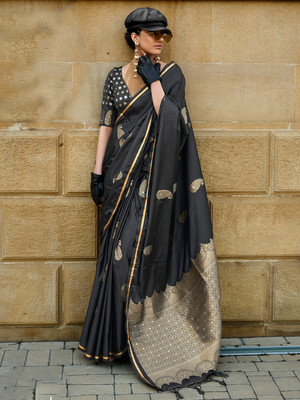 ANOUK Woven Banarasi Satin, Silk Blend Saree(Black)