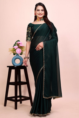 SAADHYA CREATION Solid/Plain Bollywood Chiffon Saree(Dark Green)