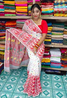 Binita saree Center Woven Jamdani Cotton Silk Saree(White, Red)