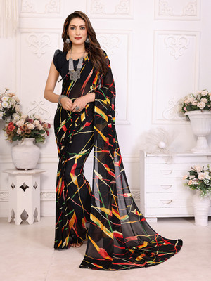 Moda Rapido Printed, Self Design, Striped Daily Wear Georgette Saree(Black)
