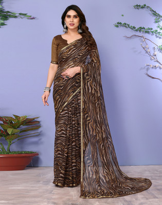 Samah Geometric Print, Printed, Embellished Daily Wear Chiffon Saree(Brown, Black)