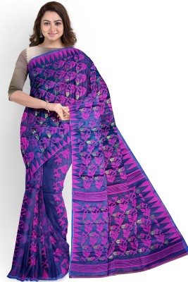 dE Diya Enterprise Self Design Jamdani Cotton Blend Saree(Blue)