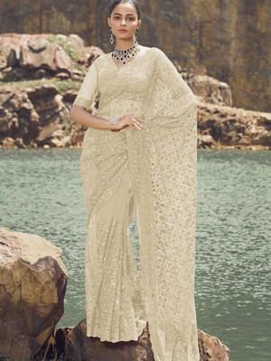 Suha Embellished Bollywood Net Saree(White)