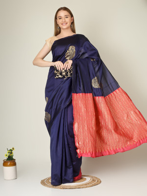 vasthralaya Printed, Solid/Plain Daily Wear Silk Blend Saree(Blue)