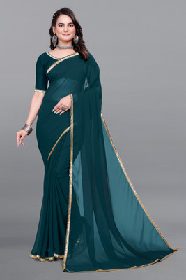 BK COLLECTION Solid/Plain Bollywood Georgette Saree(Dark Blue)
