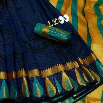 TRINITI FAB Floral Print Kanjivaram Jacquard Saree(Dark Blue, Light Green)