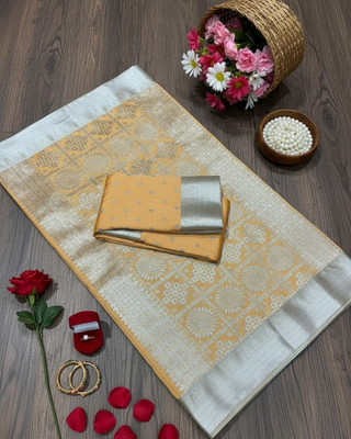 Arzoo kala textiles Temple Border, Woven Sambalpuri Silk Blend Saree(Yellow, Silver)