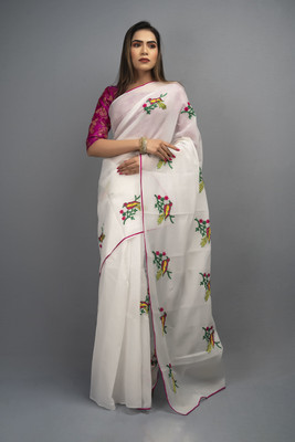 DHRUV CREATION Embroidered Chanderi Chanderi Saree(White)