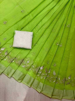 GLOWMOROUS Embroidered Chanderi Chanderi Saree(Dark Green)