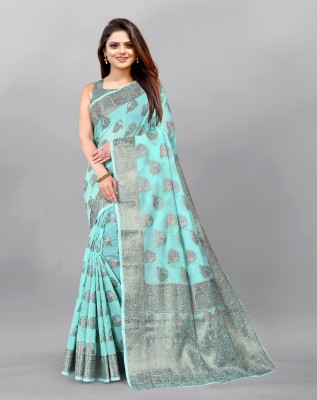 NIYAMI Printed, Self Design, Woven, Floral Print Banarasi Jacquard, Cotton Silk Saree(Light Blue)