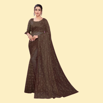 nexxxa Floral Print Bollywood Net Saree(Brown)