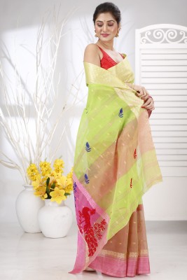 PuJoy Embroidered, Self Design, Woven Tant Pure Cotton Saree(Light Green, Pink)