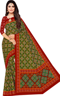 SARITA SAREES Printed Bandhani Pure Cotton Saree(Dark Green)