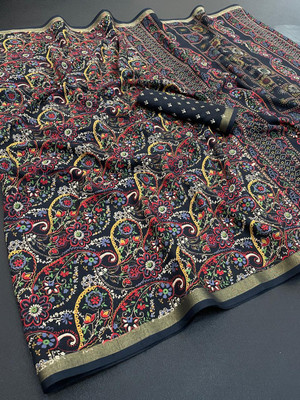 Rinkoo fashion Printed, Paisley Mysore Raw Silk Saree(Black)
