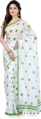 Desh Bidesh Polka Print, Solid/Plain, Woven Handloom Handloom Pure Cotton Saree(Green, White)