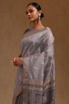 soch Woven Saree with Attached Blouse Tussar Silk Saree(Grey)