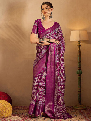 Anouk Rustic Printed Chinnalapattu Silk Blend Saree(Magenta, White)