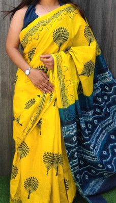 MULMUL HANDLOOM Blocked Printed Bollywood Pure Cotton Saree(Yellow)