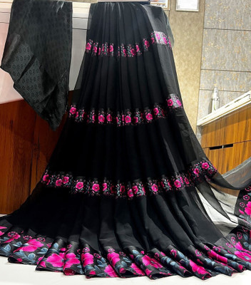 Bombey Velvat Fab Embellished JAINTIA DHARA TOH HYNDAI Chiffon, Crepe Saree(Black)