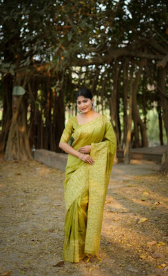 Tasrika Woven Kalamkari Raw Silk Saree(Light Green)