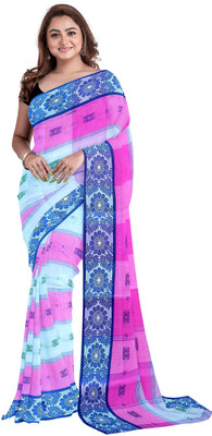 PRANATI ENTERPRISE Printed, Woven Tant Pure Cotton Saree(White, Pink)