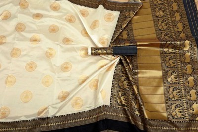 V V FASHION Woven Kanjivaram Jacquard Saree(Beige)