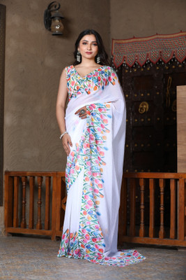 Moksha trends Embroidered Banarasi Pure Silk Saree(White)