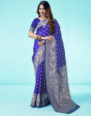 Samah Woven, Embellished, Self Design Banarasi Silk Blend, Jacquard Saree(Blue, Gold)