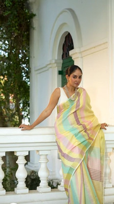 PRTRENDZ Printed, Striped Kanjivaram Linen, Cotton Linen Saree(Multicolor)