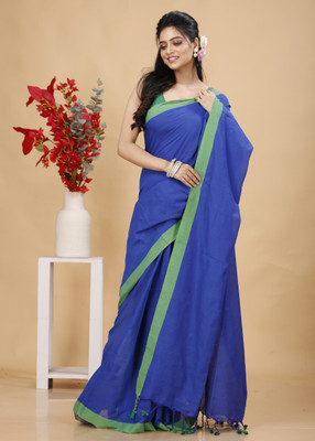HouseOfCommon Solid/Plain Handloom Pure Cotton Saree(Blue)