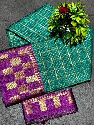 JbWorld Self Design, Woven, Checkered Chettinadu Cotton Silk, Pure Silk Saree(Light Green, Purple)