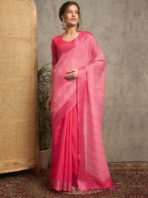 ANOUK Printed Hand Batik Linen Saree(Pink)