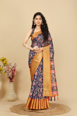 J6 Designers Self Design, Checkered, Printed Madhubani Cotton Silk Saree(Purple)