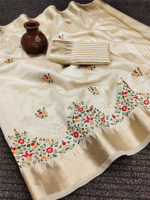 Divastri Self Design, Embroidered, Woven Assam Silk Cotton Silk, Jacquard Saree(Cream)